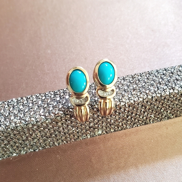 Jewelry - Vintage 10k Gold Diamond Turquoise Earrings